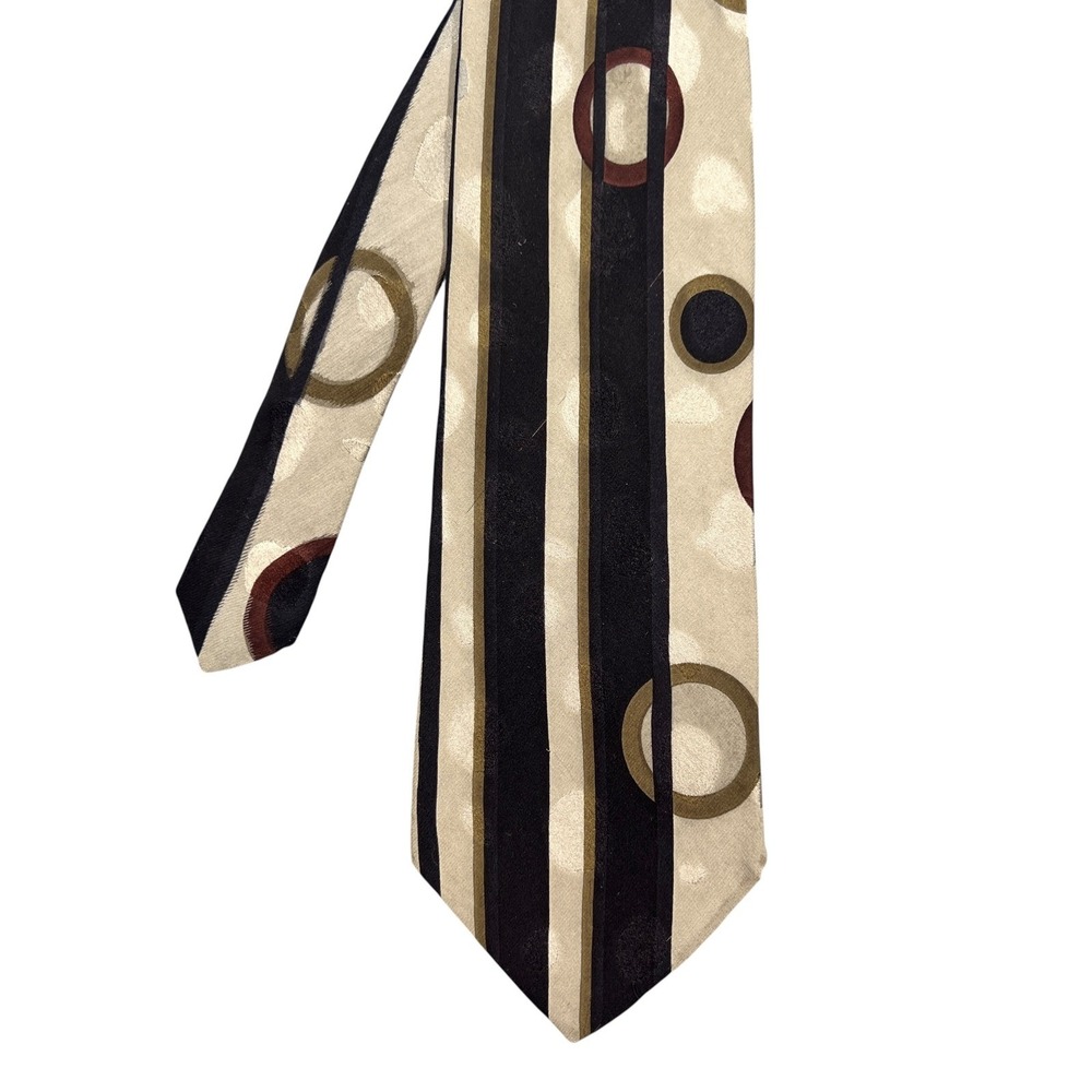 Unbranded Tan Black Stripe Circle Silk Tie Mens OS Handmade Italy Geometric